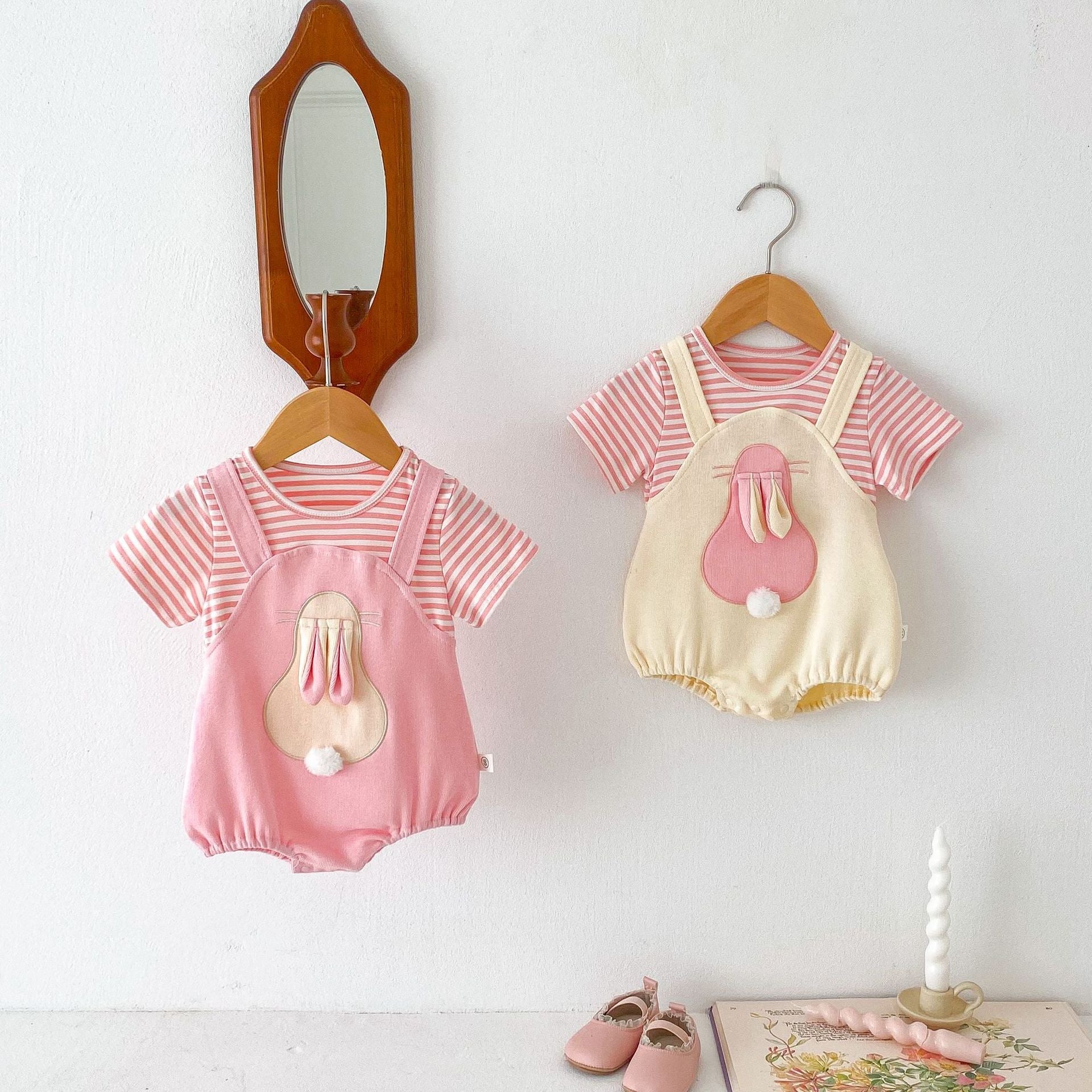 Summer Design Baby Girls Cheap Striped Rabbits Pattern Short Sleeves Onesies-0